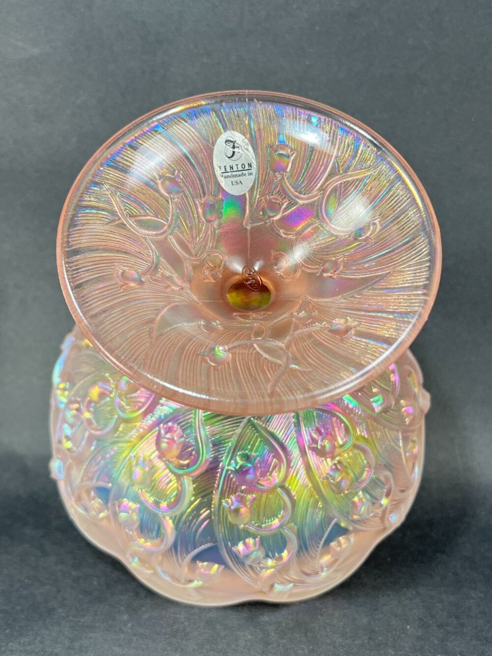 Vtg Fenton Lily Of The Valley Art Glass Pink Opalescent Carnival Iridescent Lid - Picture 5 of 16